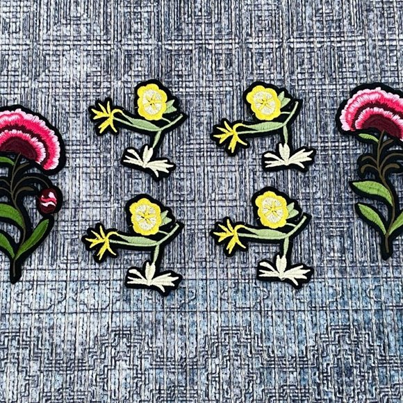 6 Iron On Patches Red and Yellow Flowers Patches for Craft Cloth Embroidery - Picture 3 of 9